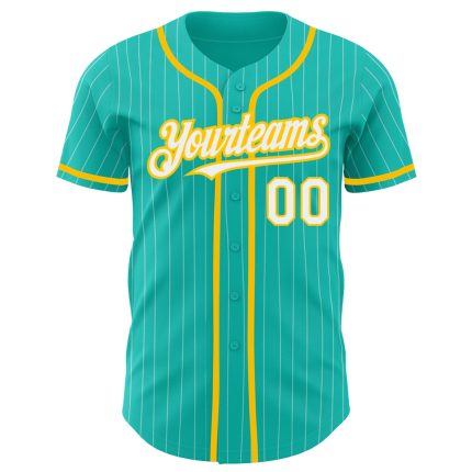Personalized Aqua White Pinstripe Baseball Jersey - White and Yellow Design Personalized Aqua White Pinstripe White-Yellow