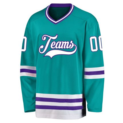 Custom Aqua White-Purple Hockey Jersey - Personalized Team Sports Apparel Personalized Aqua White-Purple Hockey Jersey