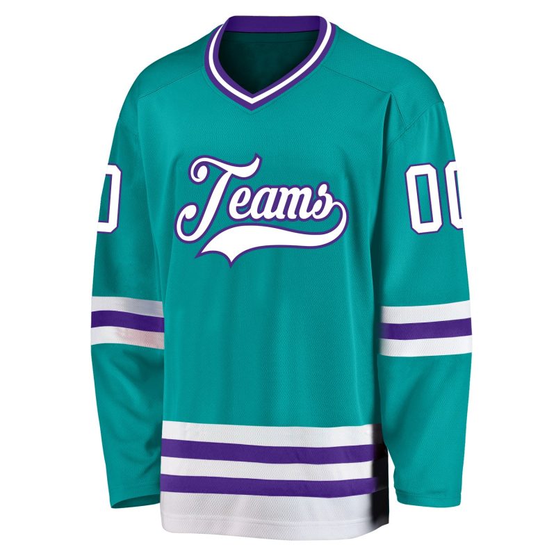 Custom Aqua White-Purple Hockey Jersey - Personalized Team Sports Apparel Personalized Aqua White-Purple Hockey Jersey