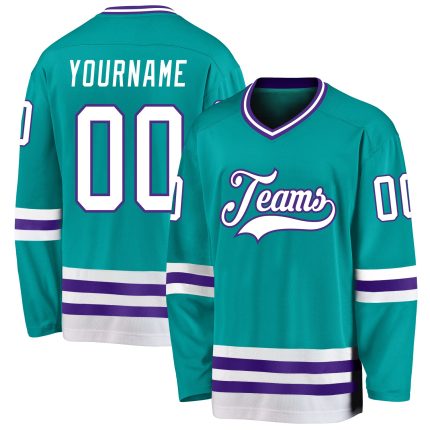 Custom Aqua White-Purple Hockey Jersey - Personalized Team Sports Apparel Personalized Aqua White-Purple Hockey Jersey
