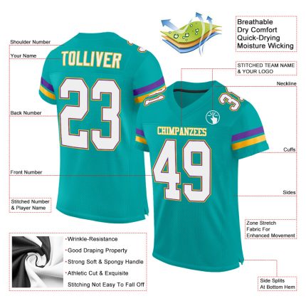 Custom Aqua White Purple Mesh Football Jersey for Kids and Adults Personalized Aqua White-Purple Mesh Football Jersey 2