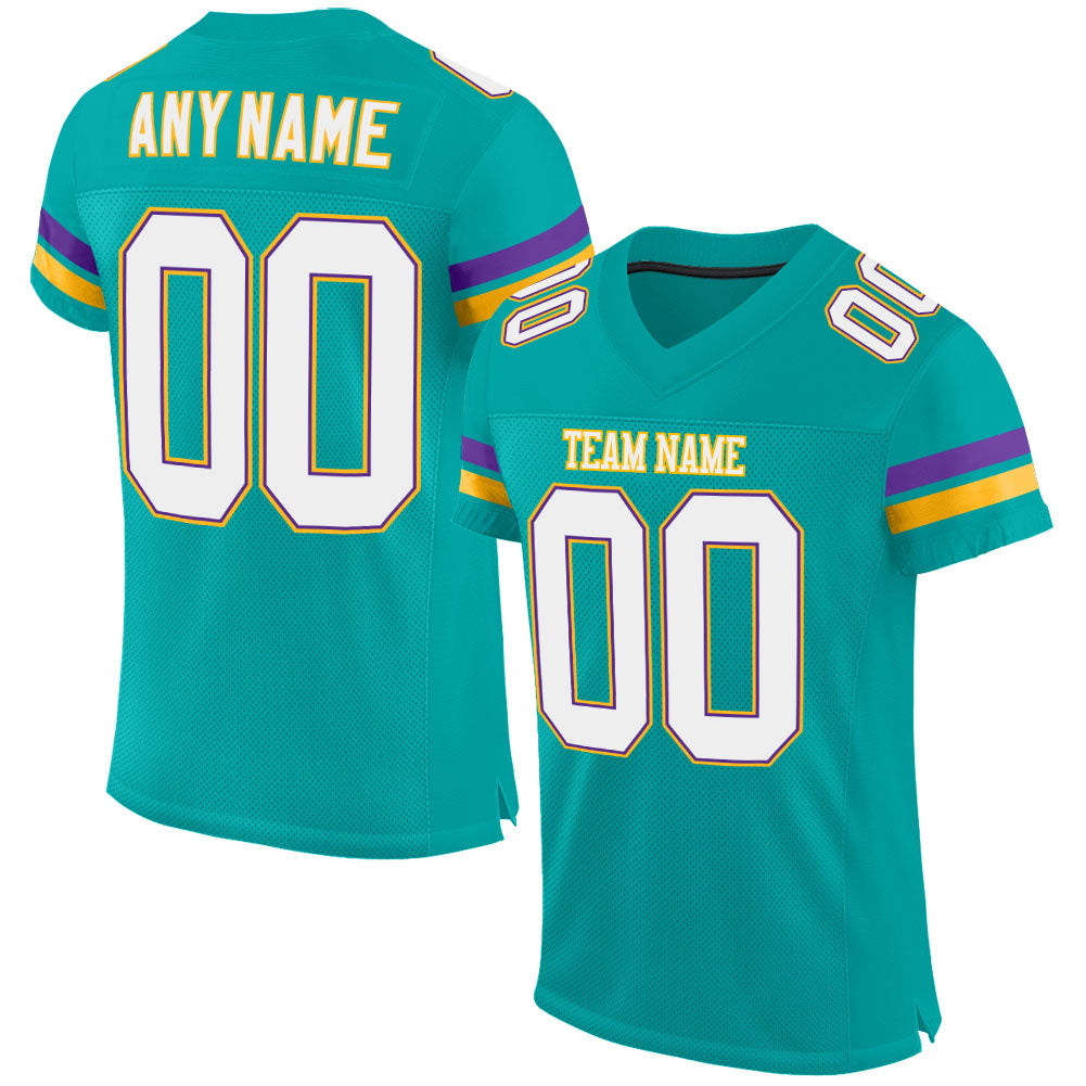 Custom Aqua White Purple Mesh Football Jersey for Kids and Adults Personalized Aqua White-Purple Mesh Football Jersey 2