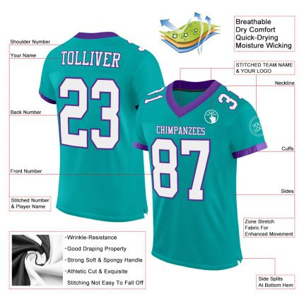 Custom Aqua White Purple Mesh Football Jersey for Kids, Size 3 Personalized Aqua White-Purple Mesh Football Jersey 3