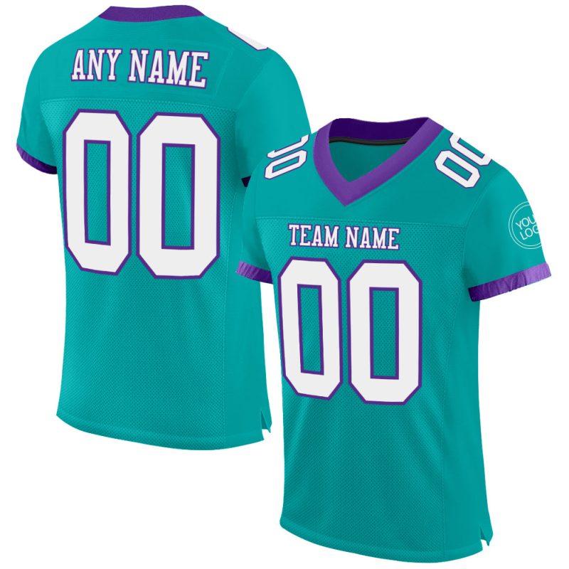 Custom Aqua White Purple Mesh Football Jersey for Kids, Size 3 Personalized Aqua White-Purple Mesh Football Jersey 3