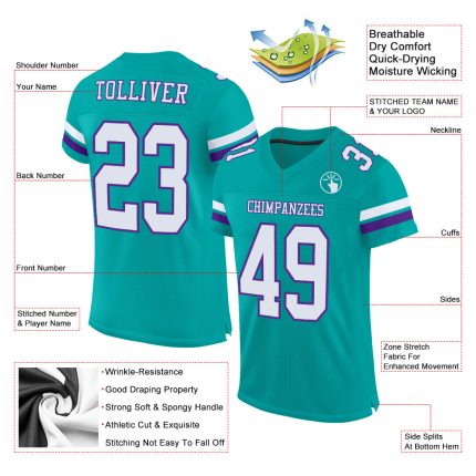 Personalized Football Jersey in Aqua White and Purple Mesh for Kids Age 4 Personalized Aqua White-Purple Mesh Football Jersey