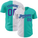 Custom aqua, white and purple pinstripe baseball jersey