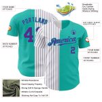Custom aqua, white and purple pinstripe baseball jersey, detail of the printed panel
