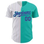 Custom aqua, white and purple pinstripe baseball jersey, back view