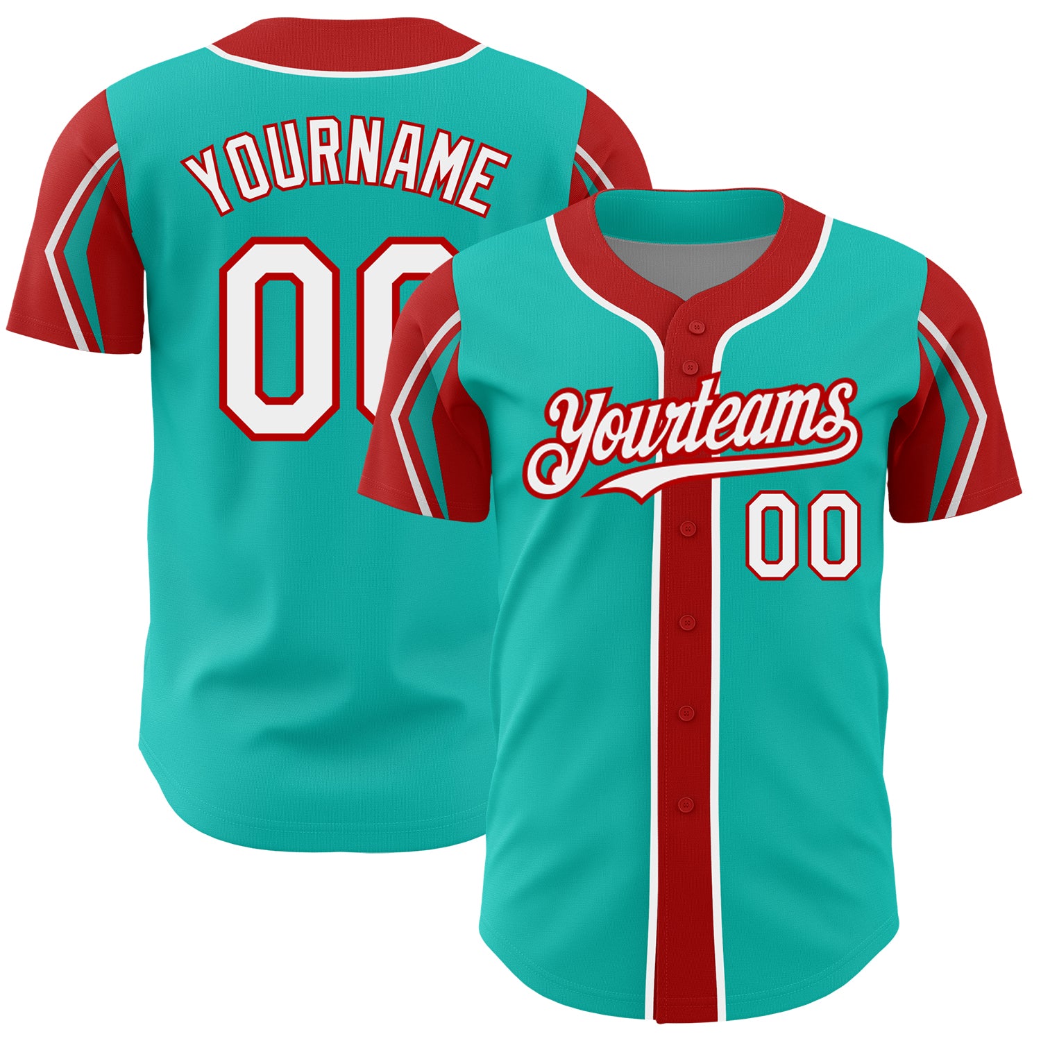 Customizable Aqua White-Red Baseball Jersey with Arm Shapes - Personalized Team Name and Number Personalized Aqua White-Red