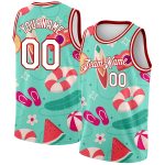 Custom Name and Number Basketball Jersey Aqua White-Red 3D Tropical Hawaii Pattern Authentic Beach Apparel Personalized Aqua