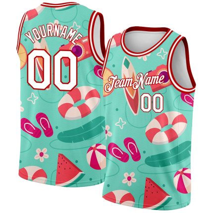 Custom Name and Number Basketball Jersey Aqua White-Red 3D Tropical Hawaii Pattern Authentic Beach Apparel Personalized Aqua