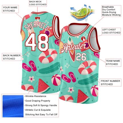 Personalized Tropical Hawaii Beach Basketball Jersey - Aqua White-Red 3D Design Personalized Aqua White-Red 3D Tropical Hawaii