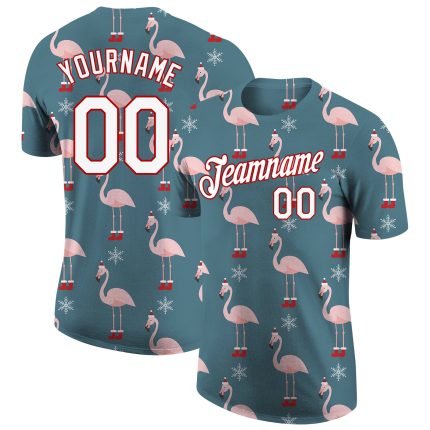 Customized Christmas 3D Performance T-Shirt with Team Name & Number - Aqua White-Red Personalized Aqua White-Red Christmas