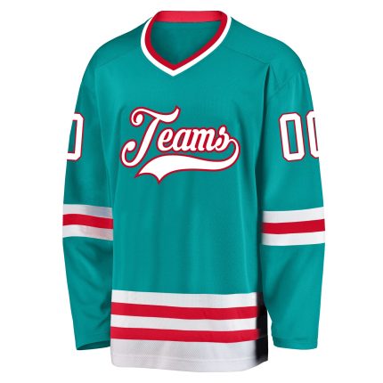 Personalized Hockey Jersey - Aqua White Red Design for Fans and Players Personalized Aqua White-Red Hockey Jersey