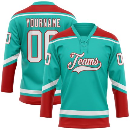 Personalized Hockey Jersey Aqua White-Red - Custom Lace Neck Design Personalized Aqua White-Red Hockey Lace Neck Jersey