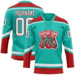 Personalized Hockey Jersey Aqua White-Red - Custom Lace Neck Design Personalized Aqua White-Red Hockey Lace Neck Jersey