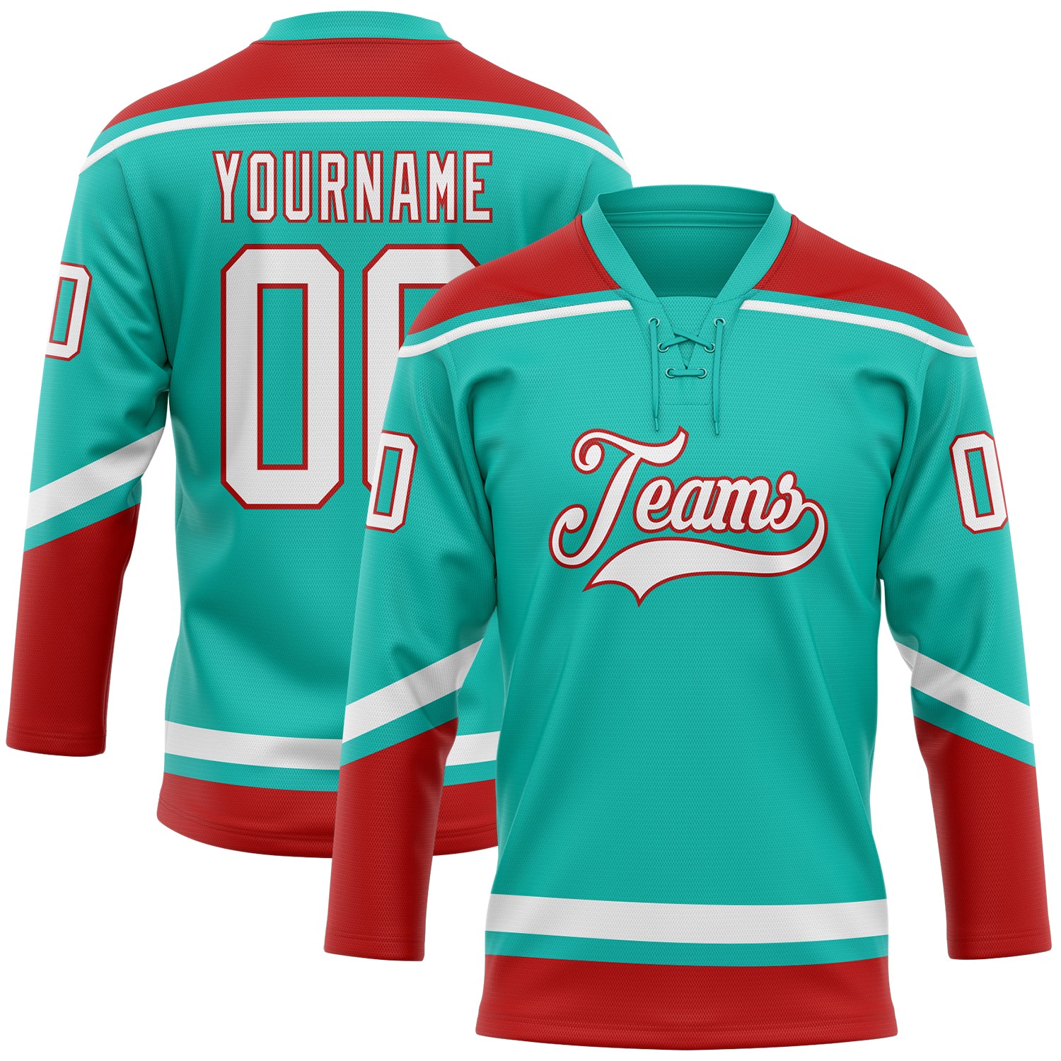 Custom Name and Number Hockey Jersey - Personalized Aqua White-Red Lace Neck Team Jersey Personalized Aqua White-Red Hockey