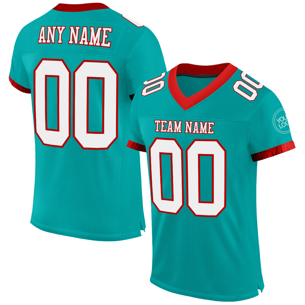 Personalized Authentic Football Jersey in Aqua White-Red Mesh Personalized Aqua White-Red Mesh Authentic Football Jersey