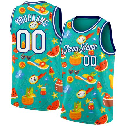 Custom Name Number Authentic Basketball Jersey Summer Hawaii Beach Holiday Aqua White Royal 3D Pattern Personalized Aqua