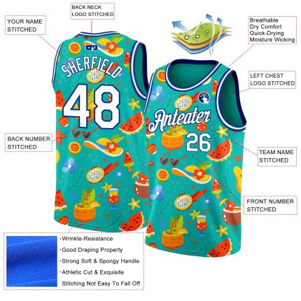 Aqua White-Royal Personalized 3D Basketball Jersey for Summer Hawaii Beach Holiday Personalized Aqua White-Royal 3D Summer