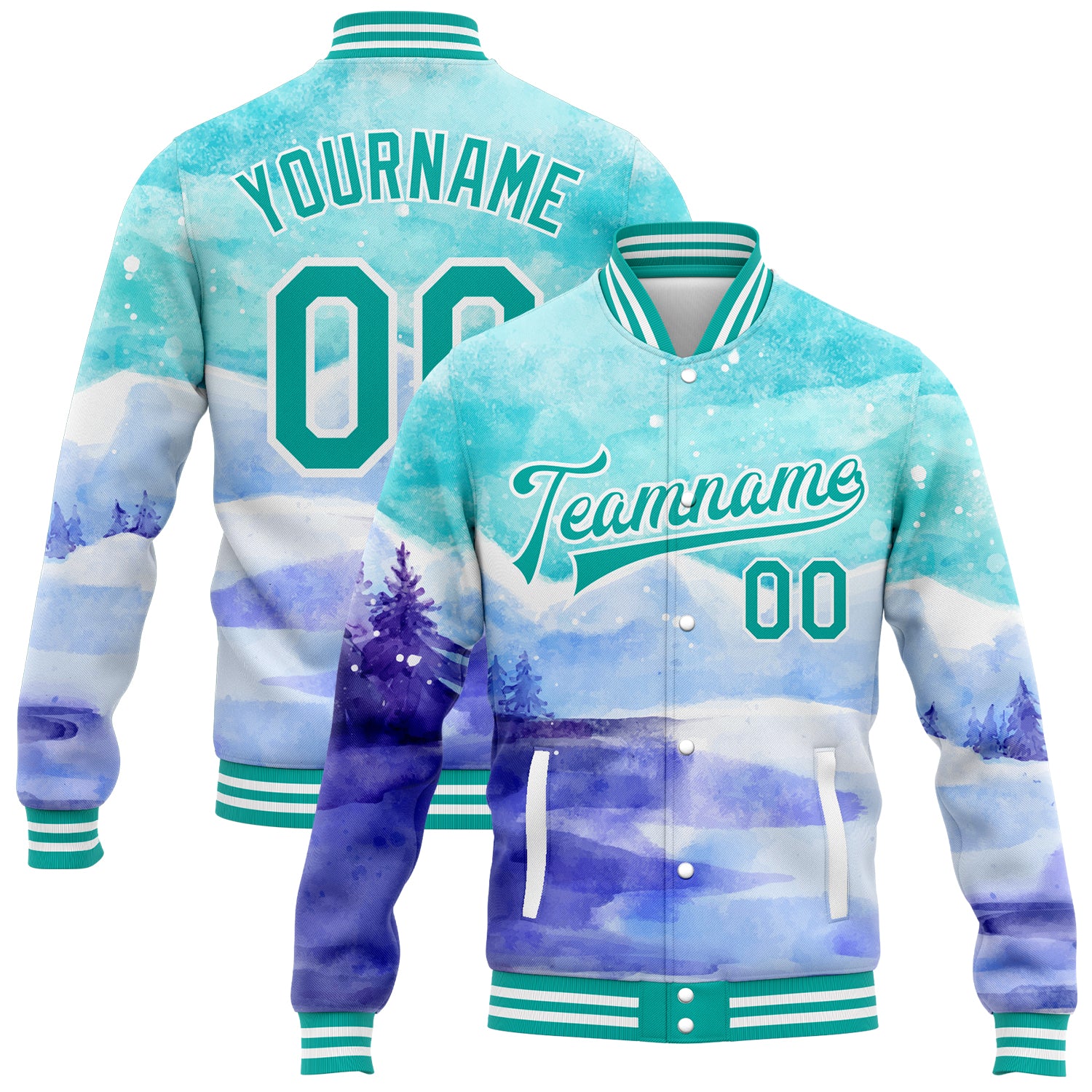 Custom Name and Number Bomber Jacket - 3D Aqua White Winter Landscape with Snowy Mountains and Trees Design, Varsity Letterman Style