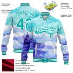 Custom Name and Number Bomber Jacket - 3D Aqua White Winter Landscape with Snowy Mountains and Trees Design, Varsity Letterman Style