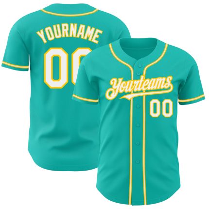 Personalized Baseball Jersey in Aqua White and Yellow - Custom Team Apparel Personalized Aqua White-Yellow Baseball Jersey
