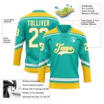 Personalized Aqua Yellow Hockey Lace Neck Jersey for Men and Women Personalized Aqua White-Yellow Hockey Lace Neck Jersey