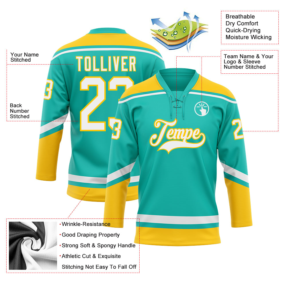 Personalized Aqua Yellow Hockey Lace Neck Jersey for Men and Women Personalized Aqua White-Yellow Hockey Lace Neck Jersey - Image 3