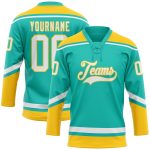 Personalized Aqua Yellow Hockey Lace Neck Jersey for Men and Women Personalized Aqua White-Yellow Hockey Lace Neck Jersey