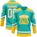 Custom Name and Number Aqua White-Yellow Hockey Jersey - Personalized Lace Neck Team Apparel Personalized Aqua White-Yellow