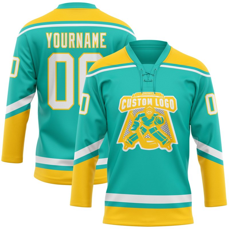 Custom Name and Number Aqua White-Yellow Hockey Jersey - Personalized Lace Neck Team Apparel Personalized Aqua White-Yellow