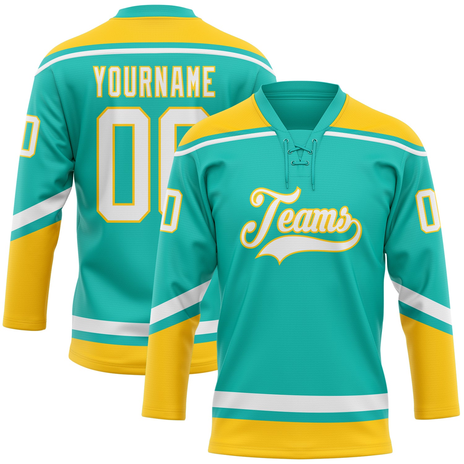 Custom Name and Number Aqua White-Yellow Hockey Jersey - Personalized Lace Neck Team Apparel Personalized Aqua White-Yellow