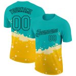 Custom Personalized 3D Beer Performance T-Shirt with Aqua Yellow-Black Pattern | Team Name & Number Personalized Aqua Yellow-Black
