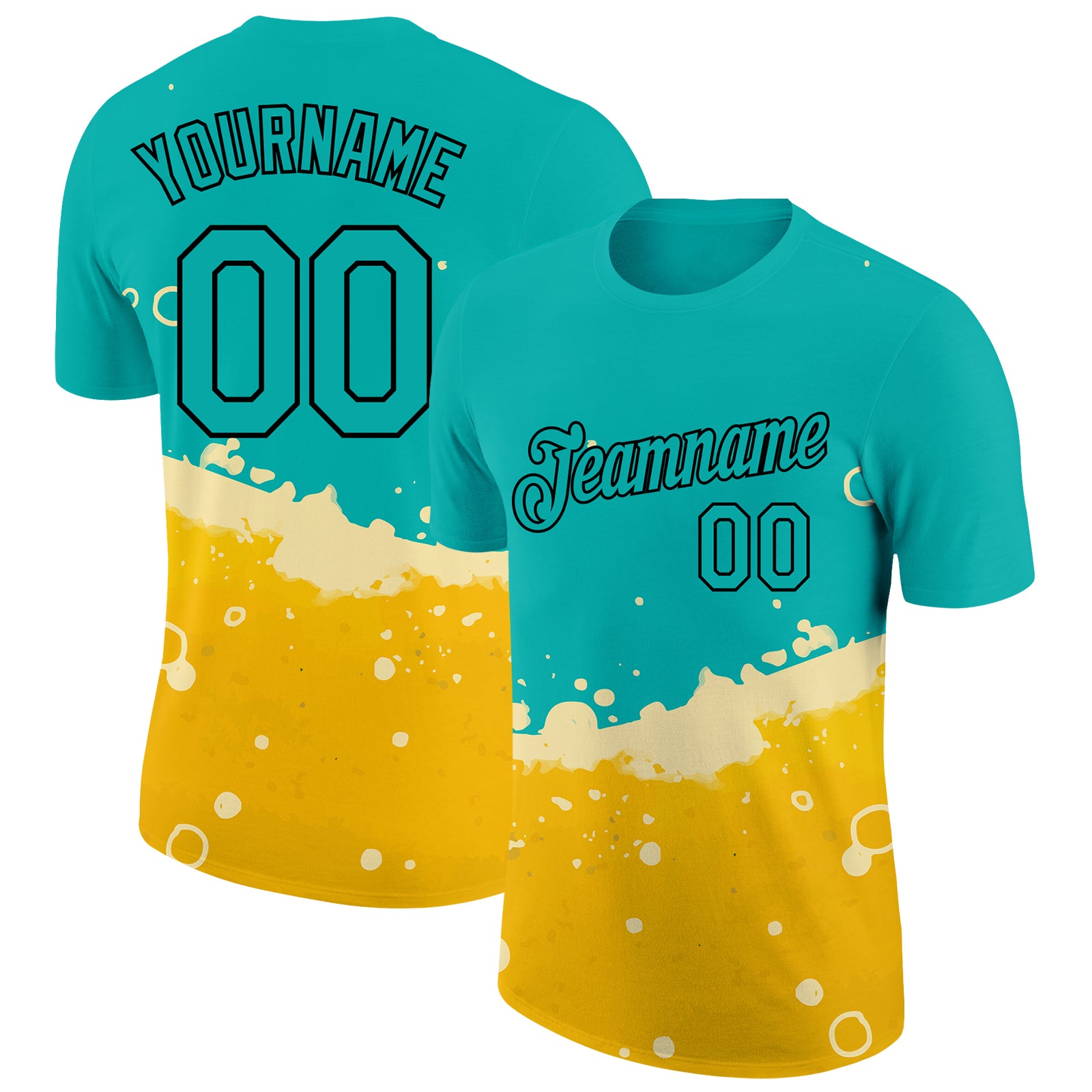 Custom Personalized 3D Beer Performance T-Shirt with Aqua Yellow-Black Pattern | Team Name & Number Personalized Aqua Yellow-Black
