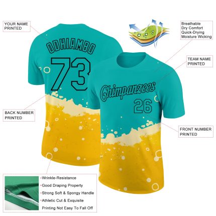 Custom Personalized 3D Beer Performance T-Shirt with Aqua Yellow-Black Pattern | Team Name & Number Personalized Aqua Yellow-Black