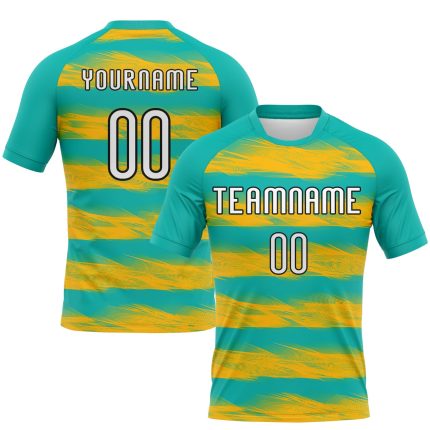Personalized Aqua Yellow Black Abstract Lines Volleyball Jersey Uniform Personalized Aqua Yellow-Black Abstract Lines Sublimation