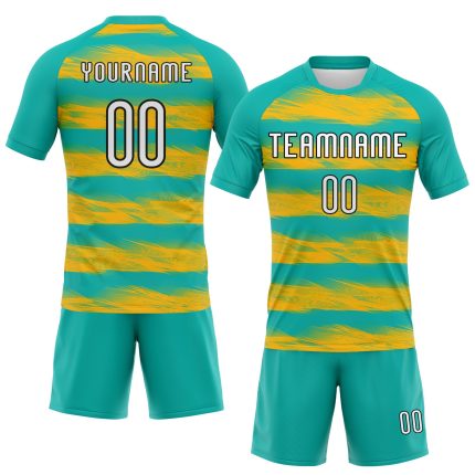 Personalized Aqua Yellow Black Abstract Lines Volleyball Jersey Uniform Personalized Aqua Yellow-Black Abstract Lines Sublimation