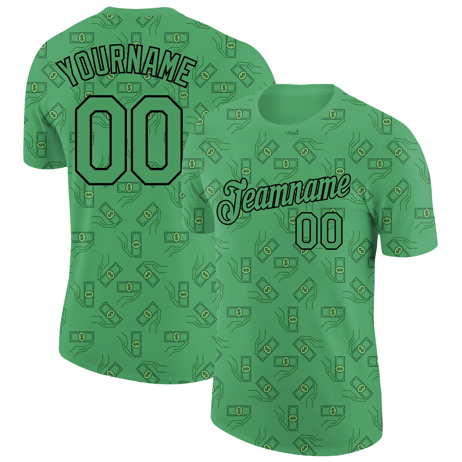 Custom Name Dollar Banknote T-Shirt - 3D Aurora Green Black Money Theme Performance Tee with Team Number Personalized Aurora