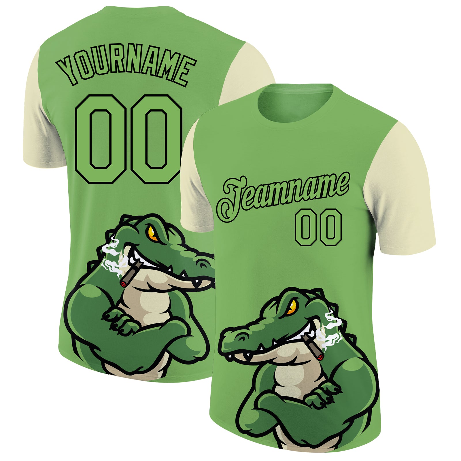 Custom Name and Number Crocodile Performance T-Shirt - Personalized 3D Pattern Design in Aurora Green Black-Cream Personalized
