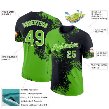 Personalized 3D Abstract Brush Stroke Performance T-Shirt in Aurora Green Black-White Personalized Aurora Green Black-White