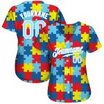 Personalized Autism Awareness Baseball Jersey - Light Blue-White 3D Puzzle Pieces Design Personalized Autism Awareness Puzzle