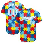 Personalized Autism Awareness Baseball Jersey - Light Blue-White 3D Puzzle Pieces Design Personalized Autism Awareness Puzzle