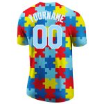 Custom light blue and white autism awareness performance t-shirt, close-up of the collar