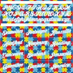 Custom light blue and white autism awareness performance t-shirt, detail of the printed panel