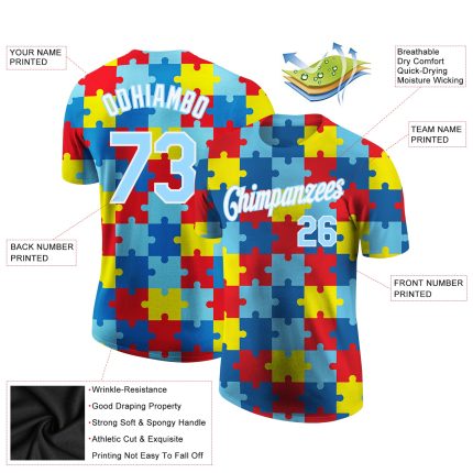 Custom light blue and white autism awareness performance t-shirt, back view