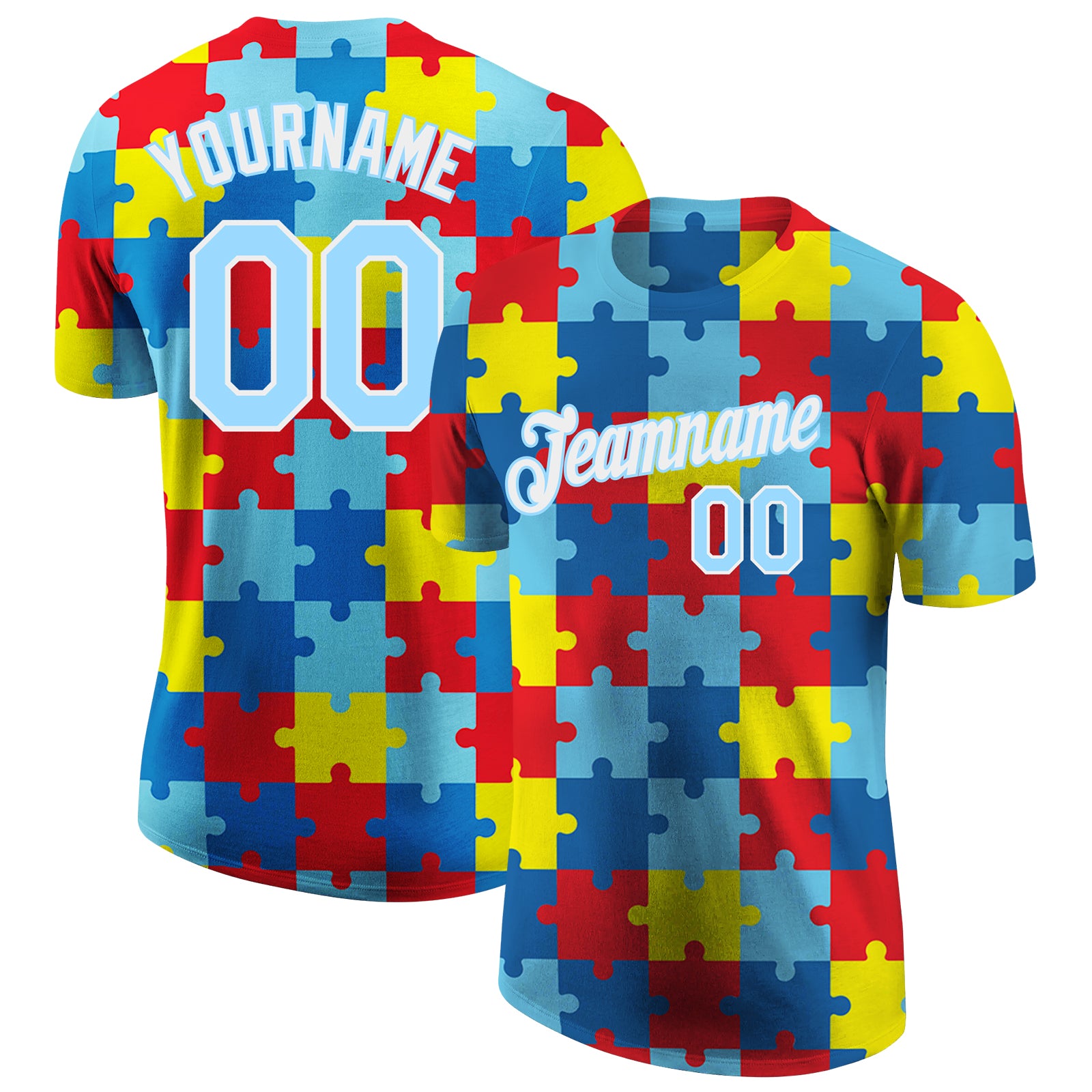Custom Name and Number Personalized Autism Awareness T-Shirt Light Blue White 3D Puzzle Pieces Performance Apparel Personalized