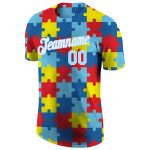Custom light blue and white autism awareness performance t-shirt, flat lay