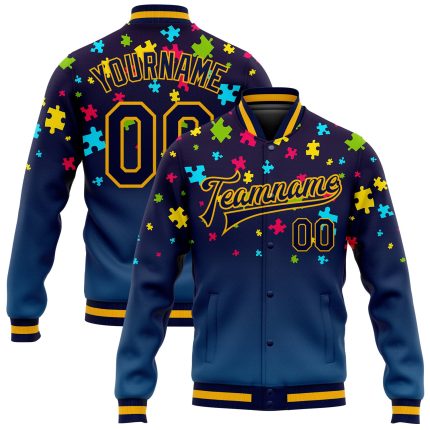 Autism Awareness 3D Puzzle Pieces Bomber Jacket Navy-Gold Full-Snap Varsity Letterman Personalized Autism Awareness Puzzle