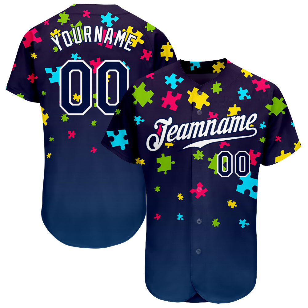 Custom Name and Number Autism Awareness Baseball Jersey Navy-White 3D Personalized Puzzle Pieces Design Personalized Autism